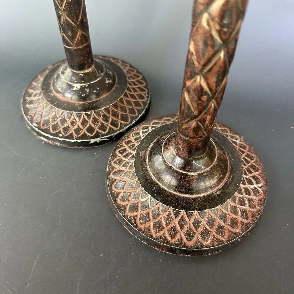 Vintage Palm Tree Candle Holders Hollywood Regency Safari Lodge Colonial Pair